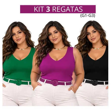 Kit 3 Regatas Plus Size Blusa Feminina Trabalho Casual Festa