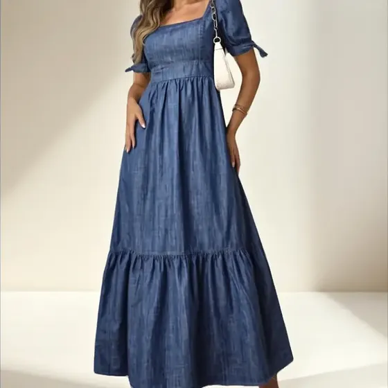 Vestido Jeans Longo Rodado Soltinho Com Laço Na Manga Lastex