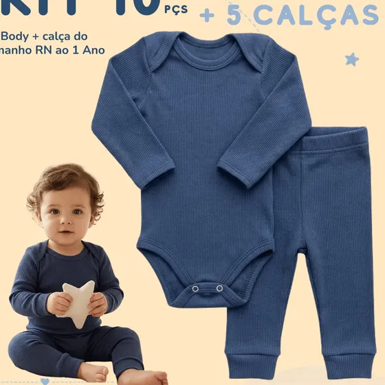 Kit 5 Conjuntos Body Manga Longa Calça Canelado Bebê Algodão