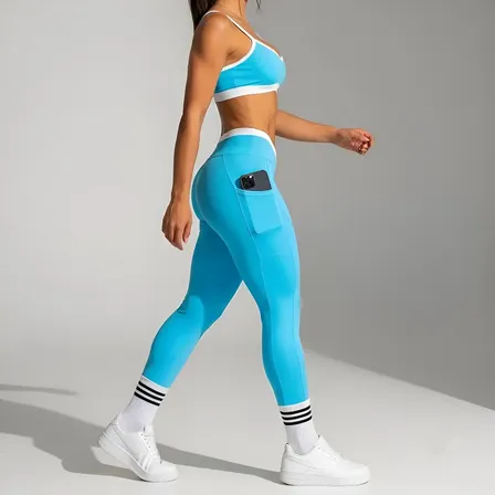 Conjunto Fitness Academia Feminino Top Legging Bolso Bicolor
