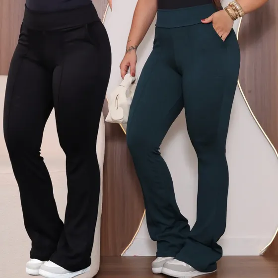 Kit 2 Calça Flare Feminina Flare Bailarina Dois Bolsos Cores