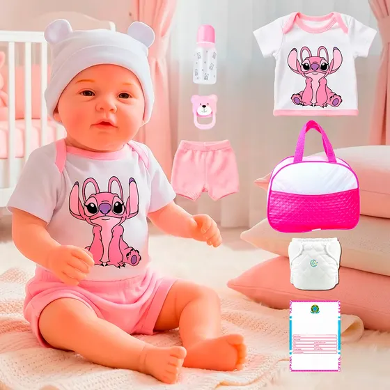Bebê Reborn Boneco Stitch Em Silicone Com Bolsa Maternidade