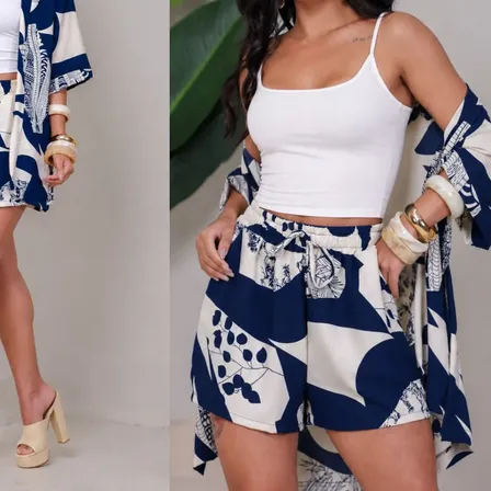 Conjunto Feminino Kimono Shorts C/bolso Saida De Praia Verão