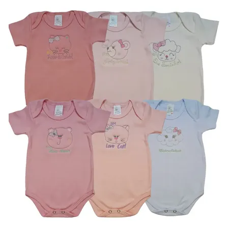Kit Body Bebê 6 Peça Manga Curta Bor. Bicho Molhado Menina