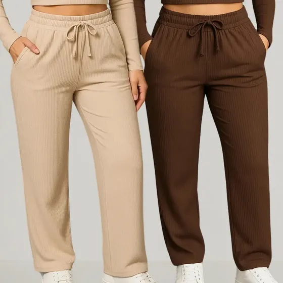 Kit 2 Calças Pantalona Wide Leg Feminino Cintura Alta
