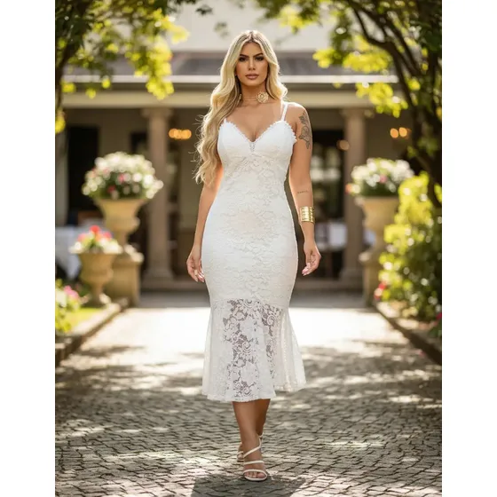 Vestido Midi De Festa Renda Bojo Noiva Alcinha Casamento