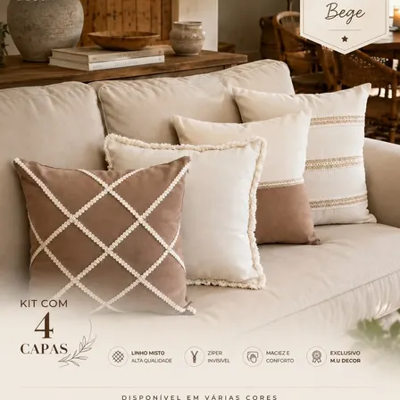 Kit 4 Capas Almofada Luxo Linho Estilo Boho Chic Exclusivo