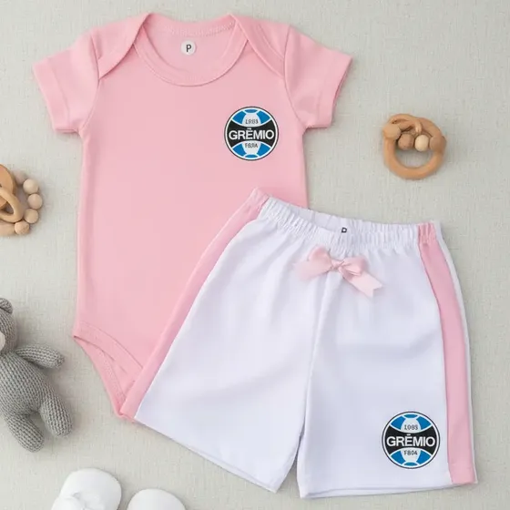 Conjunto Body E Shorte Bebê Grêmio Menina 100 % Algodão
