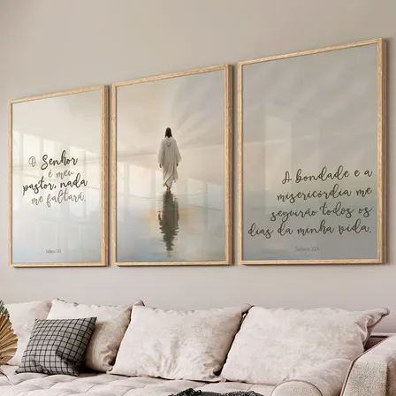 Quadro Decorativo Trio Salmos Jesus Cristo 60x40 Com Moldura