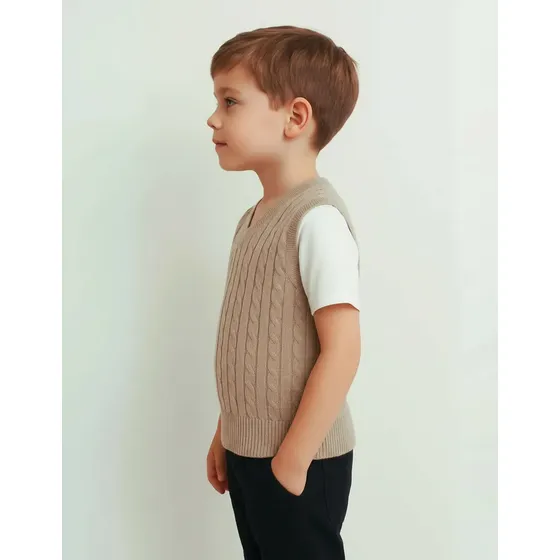 Colete Trico Trançado Infantil Estiloso Menino Lã Inverno