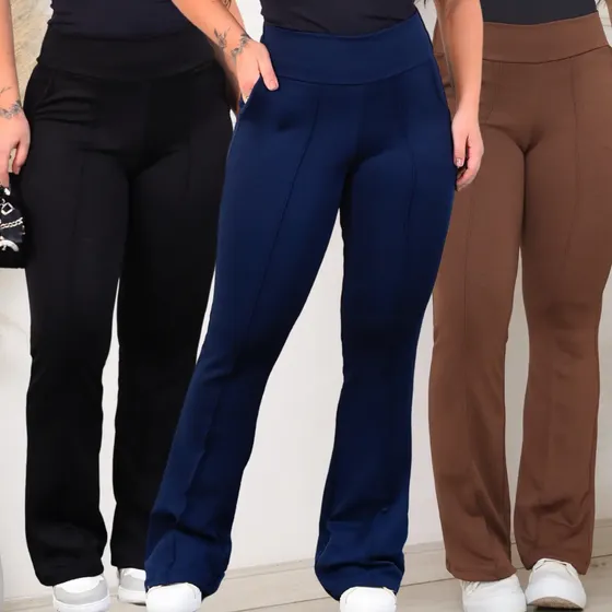 Kit 3 Calça Feminina Flare Bailarina Cintura Alta Com Bolsos