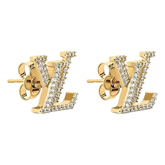 Brincos Letras Lv Cravejado Folheado Ouro Amarelo 18k