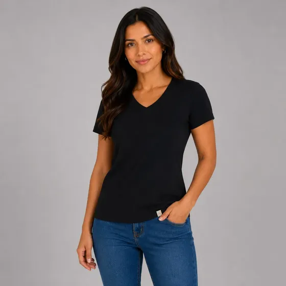 Blusa Feminina Básica Decote V Algodão Cotton Camiseta 25616