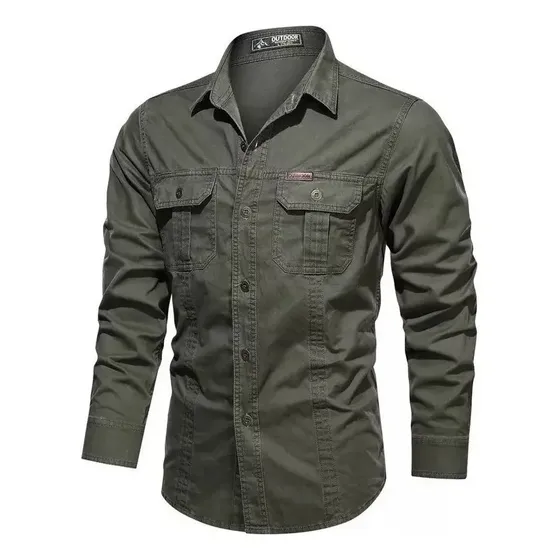 Camisa Cargo Militar Masculina De Manga Comprida Com Botões