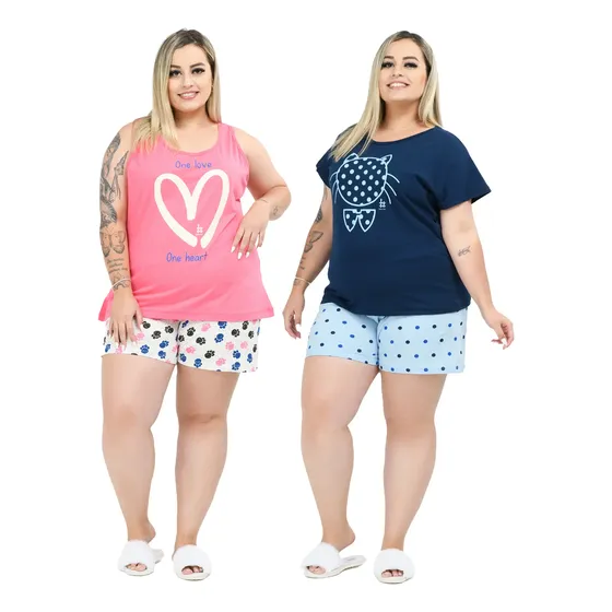 Kit 2 Conjuntos Pijama Feminino Plus Size Manga E Regata