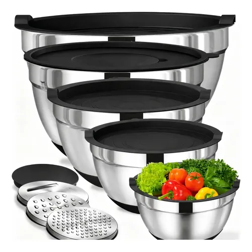 Kit De 5 Bowls Tigelas De Inox Com Raladores Tampa Preto