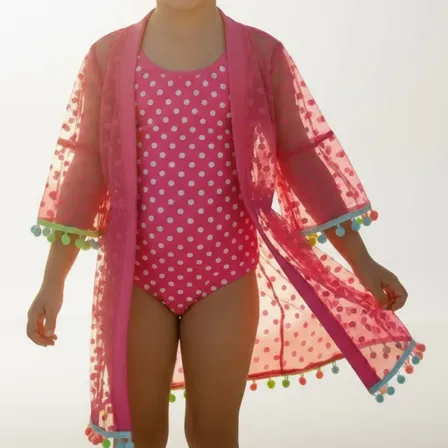 Saída De Praia Menina Infantil Tule Poá Pompons Coloridos