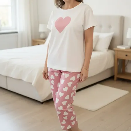 Pijama Pescador Manga Curta Rosa Coração, Penteado 100% ALG.