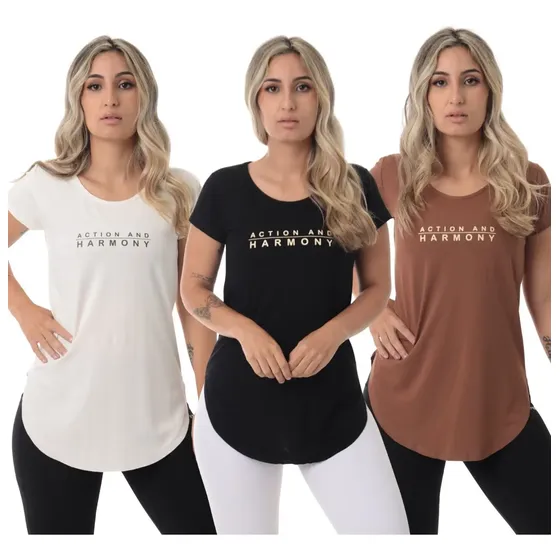 Kit 3 Blusa Academia Fitness Action Marrom/preta/marfim