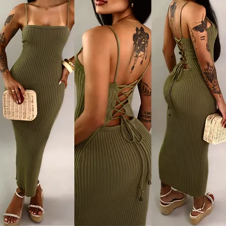 Vestido Midi Trançado Nas Costas Tricot Modal Tricô Premium