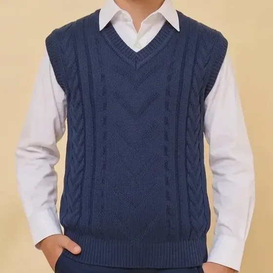 Colete Infantil Menino Tricô Trabalhado Azul Marinho