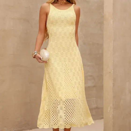 Vestido Midi Tricot Crochê Sem Manga Elegante Festa Praia