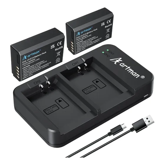 Carregador Led Artman +2 Baterias Lp-e10 Para Canon T7 T6 T5