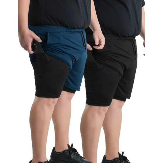Kit 2 Shorts Duplo 2 Em 1 Masculino Plus Size Academia Uv