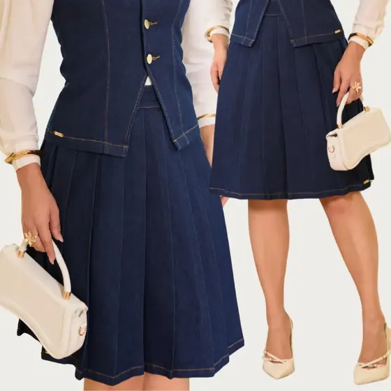 Conjunto Saia Plissada Mais Colete Jeans Premium Evangelico