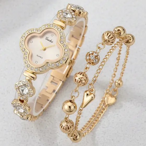 Relógio Feminino + Pulseira Trevo + Caixa Presente Strass