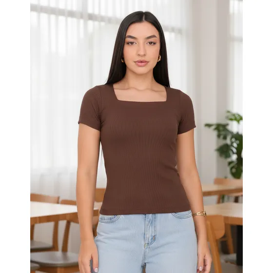 Blusa Feminina Manga Curta Decote Quadrado Básica Baby Look
