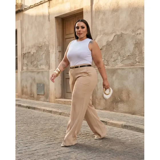Calça Plus Size Alfaiataria Pantalona Wide Leg Social