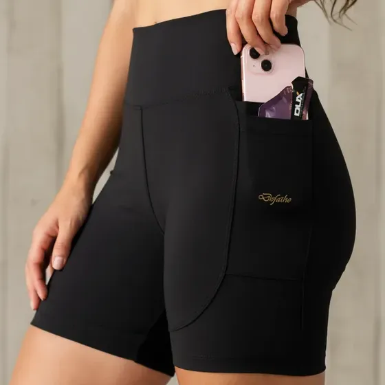 Short Feminino Compressão Cós Alto 4 Bolsos Academia