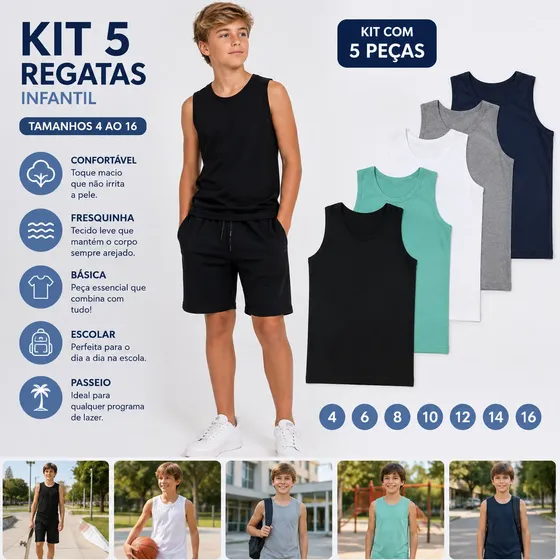 Kit 5 Regata Básicas Lisas 100% Algodão Sortido