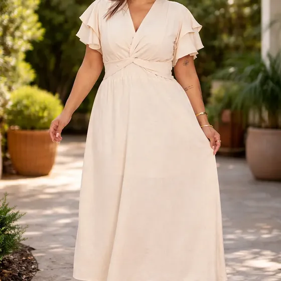 Vestido Plus Size Longo Floral Decote V Cruzado Manga Babado