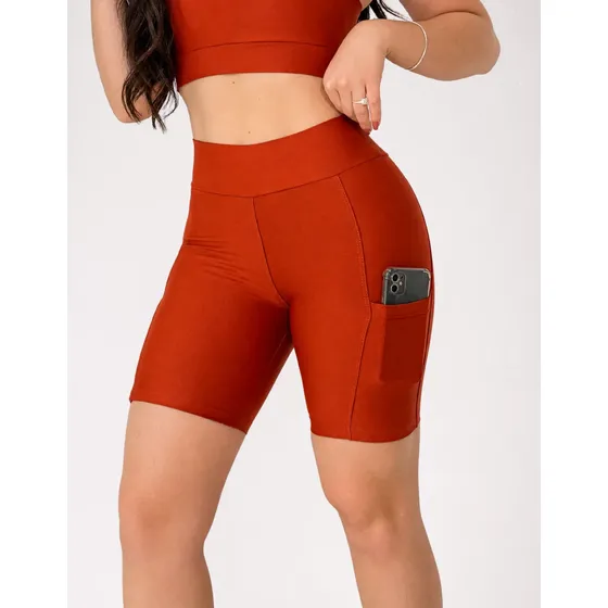 Short Feminino Fitness Suplex Com Bolso Cintura Alta Liso