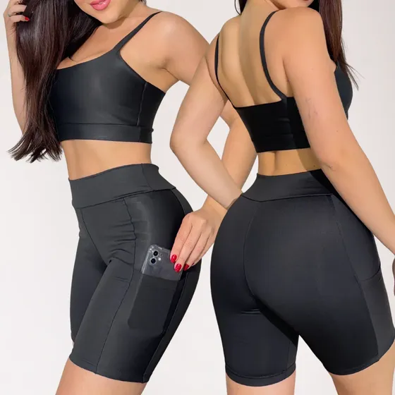 Conjunto Feminino Fitness Suplex Top Treino Short Bolso