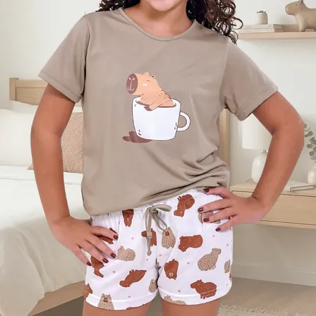Pijama De Capivara Infantil Feminino Conjunto Curto Premium