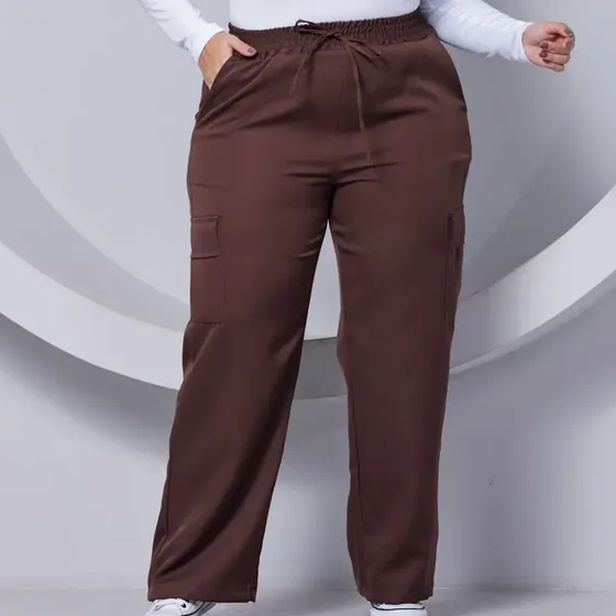 Calça Plus Size Pantalona Wide Leg Feminina C/ Bolso Cargo