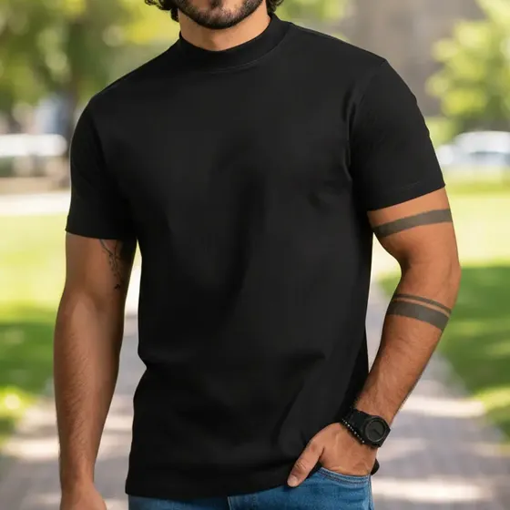 Camiseta Gola Média Elegante Premium Algodão Básica Lisa
