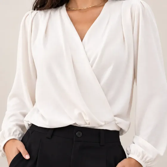 Camisa Cropped Duna Blusa Transpassada Manga Longa Dia A Dia
