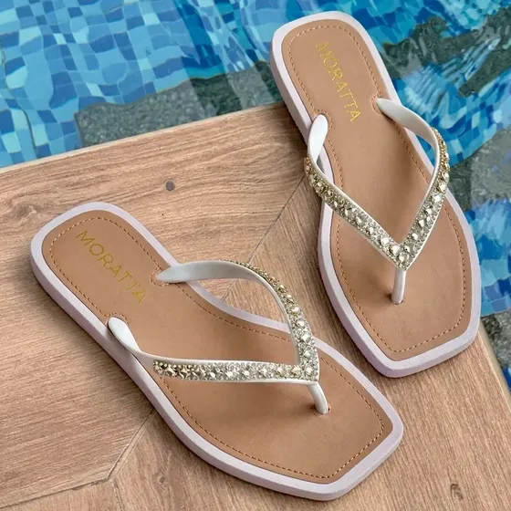 Chinelo Feminino Com Strass Fashion Lumix Bico Quadrado