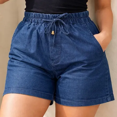 Short Jeans Feminino Bordado Soltinho Com Elastico E Bolsos