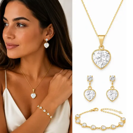 Corrente Feminina+ Pulseira+ Par De Brincos Folheados A Ouro