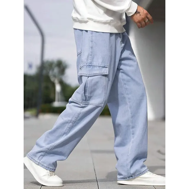 Calça Cargo Jeans Larga Bolsos Lateral Streetwear Skatista