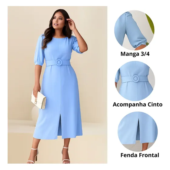 Vestido Social Evangélico Mídi Com Fenda Forrado Comportado