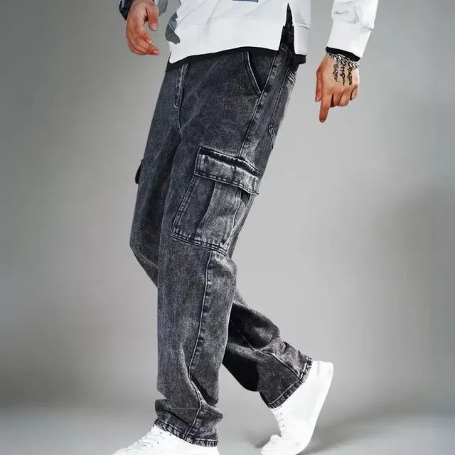 Calça Jeans Cargo Masculina Streetwear Cinza Grafite Nf