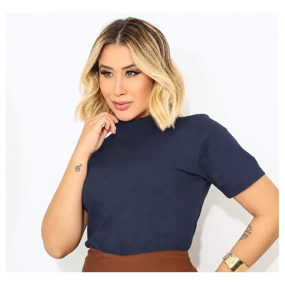 Blusa Feminina Algodão Gola Alta Manga Curta Casual Básica