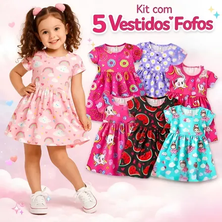 Kit 5 Vestidos Infantil Verão Conforto Menina Algodão Leve