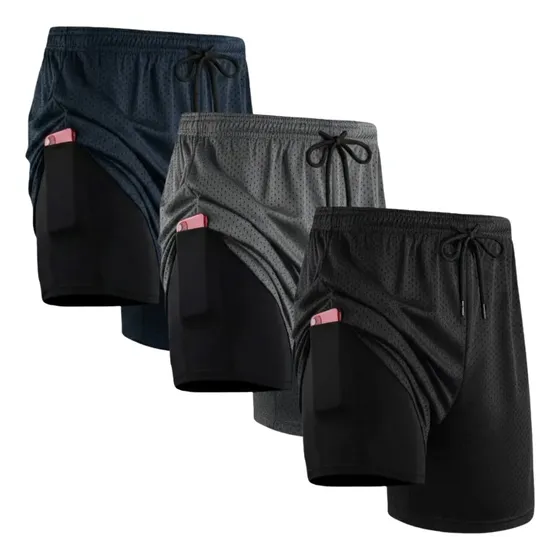 Kit 3 Bermudas 2 Em 1 Shorts Duplo Masculino Academia Treino